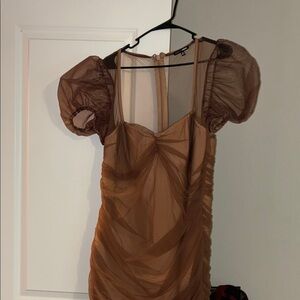 Sheer Puff Sleeve Brown Mini Dress